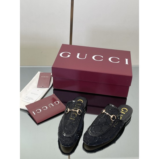 ✌️Gucci✌️Hot-up version is launched in 2025 early autumn new GUCCi high-end boutique semi-slippers 325 Gucci [Paint Leather G G Crystal] mesh diamond luxury crystal Loaf Baotou slippers top purchasing quality!The original version is replicated 1:1, and ev