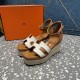 Herms/Hermès [Celebration] [Celebration] Heeled rope sandal series ① Fabric: cowhide/special fabric ⑥ Inner footbed: sheepskin ③ Outsole: genuine leather outsole ④ Heel height: front sole 4.5cm thick / heel height 8cm ⑤Size: 35-39 (customized by 40/41/42)