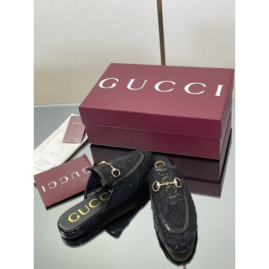 ✌️Gucci✌️Hot-up version is launched in 2025 early autumn new GUCCi high-end boutique semi-slippers 325 Gucci [Paint Leather G G Crystal] mesh diamond luxury crystal Loaf Baotou slippers top purchasing quality!The original version is replicated 1:1, and ev