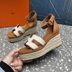 Herms/Hermès [Celebration] [Celebration] Heeled rope sandal series ① Fabric: cowhide/special fabric ⑥ Inner footbed: sheepskin ③ Outsole: genuine leather outsole ④ Heel height: front sole 4.5cm thick / heel height 8cm ⑤Size: 35-39 (customized by 40/41/42)