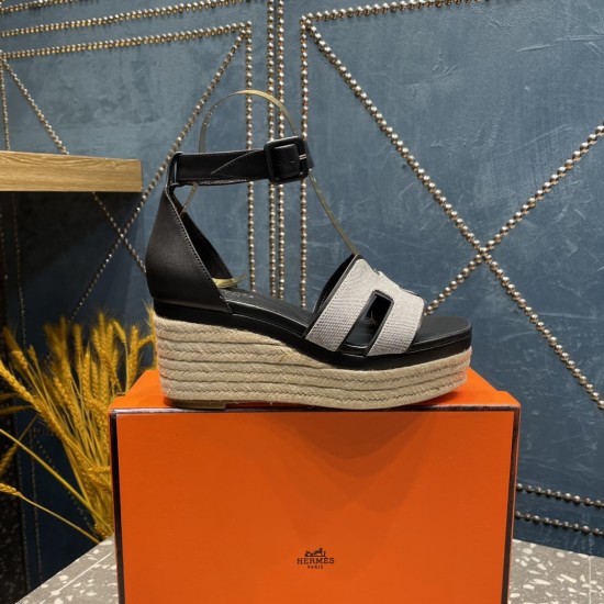 Herms/Hermès [Celebration] [Celebration] Heeled rope sandal series ① Fabric: cowhide/special fabric ⑥ Inner footbed: sheepskin ③ Outsole: genuine leather outsole ④ Heel height: front sole 4.5cm thick / heel height 8cm ⑤Size: 35-39 (customized by 40/41/42)