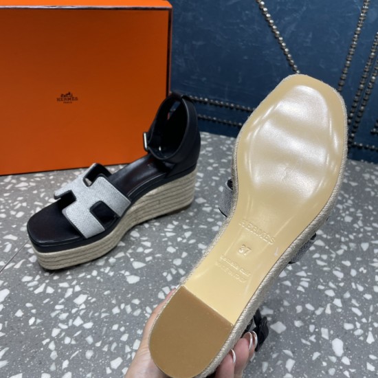 Herms/Hermès [Celebration] [Celebration] Heeled rope sandal series ① Fabric: cowhide/special fabric ⑥ Inner footbed: sheepskin ③ Outsole: genuine leather outsole ④ Heel height: front sole 4.5cm thick / heel height 8cm ⑤Size: 35-39 (customized by 40/41/42)