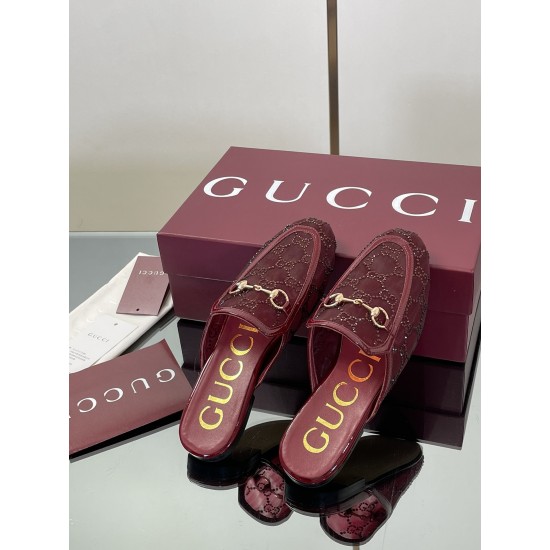 ✌️Gucci✌️Hot-up version is launched in 2025 early autumn new GUCCi high-end boutique semi-slippers 325 Gucci [Paint Leather G G Crystal] mesh diamond luxury crystal Loaf Baotou slippers top purchasing quality!The original version is replicated 1:1, and ev