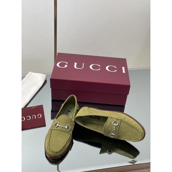 ✌️Gucci✌️Hot-up version is on the market [Women's] 2025 early autumn latest GUCCI horse buckle heel 2 wear single shoes deer leather frosted leather loafer casual driving shoes 360 fabric: imported suede mercerated beef reverse velvet delicate retro feel,