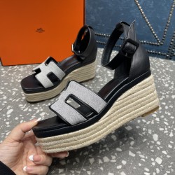 Herms/Hermès [Celebration] [Celebration] Heeled rope sandal series ① Fabric: cowhide/special fabric ⑥ Inner footbed: sheepskin ③ Outsole: genuine leather outsole ④ Heel height: front sole 4.5cm thick / heel height 8cm ⑤Size: 35-39 (customized by 40/41/42)