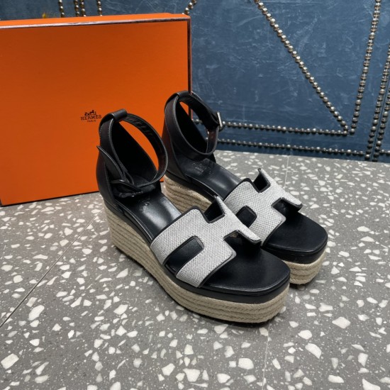 Herms/Hermès [Celebration] [Celebration] Heeled rope sandal series ① Fabric: cowhide/special fabric ⑥ Inner footbed: sheepskin ③ Outsole: genuine leather outsole ④ Heel height: front sole 4.5cm thick / heel height 8cm ⑤Size: 35-39 (customized by 40/41/42)