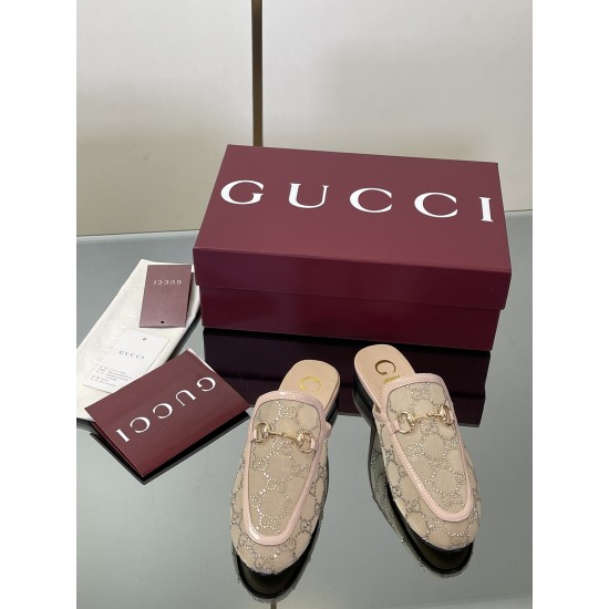 ✌️Gucci✌️Hot-up version is launched in 2025 early autumn new GUCCi high-end boutique semi-slippers 325 Gucci [Paint Leather G G Crystal] mesh diamond luxury crystal Loaf Baotou slippers top purchasing quality!The original version is replicated 1:1, and ev