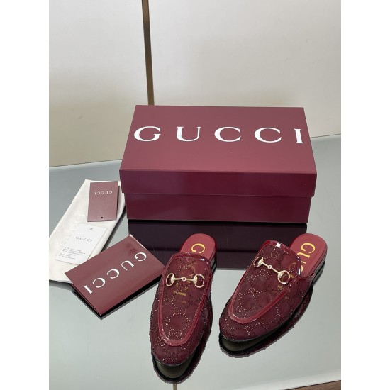 ✌️Gucci✌️Hot-up version is launched in 2025 early autumn new GUCCi high-end boutique semi-slippers 325 Gucci [Paint Leather G G Crystal] mesh diamond luxury crystal Loaf Baotou slippers top purchasing quality!The original version is replicated 1:1, and ev