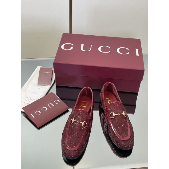 ✌️Gucci✌️Hot-up version is on the market...✌️✌️2025 early autumn new GUCCi high-end boutique single shoes 340 Gucci [Paint Leather G G Crystal] mesh diamond luxury crystal loafers top purchasing quality!The original version is replicated 1:1, and every de