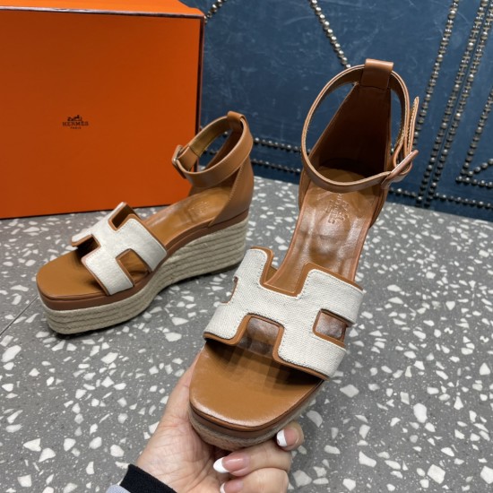 Herms/Hermès [Celebration] [Celebration] Heeled rope sandal series ① Fabric: cowhide/special fabric ⑥ Inner footbed: sheepskin ③ Outsole: genuine leather outsole ④ Heel height: front sole 4.5cm thick / heel height 8cm ⑤Size: 35-39 (customized by 40/41/42)