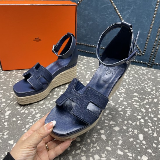Herms/Hermès [Celebration] [Celebration] Heeled rope sandal series ① Fabric: cowhide/special fabric ⑥ Inner footbed: sheepskin ③ Outsole: genuine leather outsole ④ Heel height: front sole 4.5cm thick / heel height 8cm ⑤Size: 35-39 (customized by 40/41/42)
