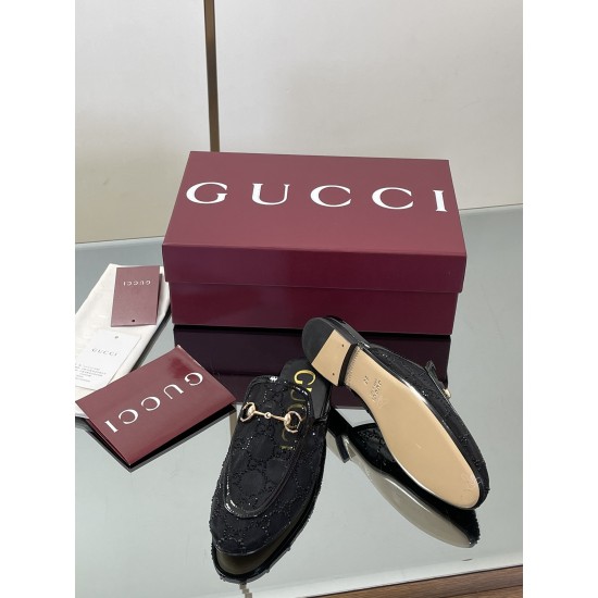 ✌️Gucci✌️Hot-up version is launched in 2025 early autumn new GUCCi high-end boutique semi-slippers 325 Gucci [Paint Leather G G Crystal] mesh diamond luxury crystal Loaf Baotou slippers top purchasing quality!The original version is replicated 1:1, and ev