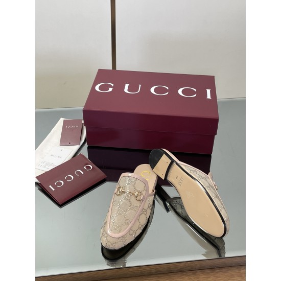 ✌️Gucci✌️Hot-up version is launched in 2025 early autumn new GUCCi high-end boutique semi-slippers 325 Gucci [Paint Leather G G Crystal] mesh diamond luxury crystal Loaf Baotou slippers top purchasing quality!The original version is replicated 1:1, and ev