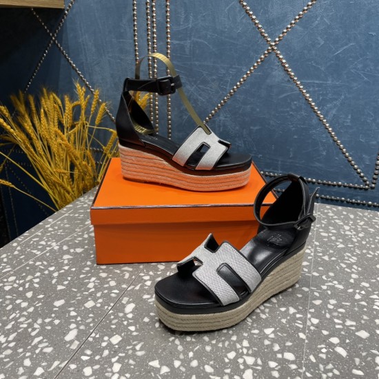 Herms/Hermès [Celebration] [Celebration] Heeled rope sandal series ① Fabric: cowhide/special fabric ⑥ Inner footbed: sheepskin ③ Outsole: genuine leather outsole ④ Heel height: front sole 4.5cm thick / heel height 8cm ⑤Size: 35-39 (customized by 40/41/42)