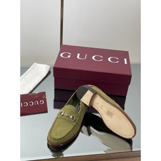 ✌️Gucci✌️Hot-up version is on the market [Women's] 2025 early autumn latest GUCCI horse buckle heel 2 wear single shoes deer leather frosted leather loafer casual driving shoes 360 fabric: imported suede mercerated beef reverse velvet delicate retro feel,
