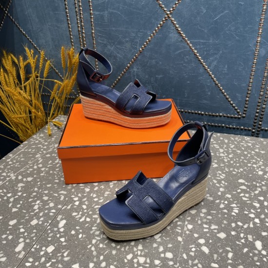 Herms/Hermès [Celebration] [Celebration] Heeled rope sandal series ① Fabric: cowhide/special fabric ⑥ Inner footbed: sheepskin ③ Outsole: genuine leather outsole ④ Heel height: front sole 4.5cm thick / heel height 8cm ⑤Size: 35-39 (customized by 40/41/42)