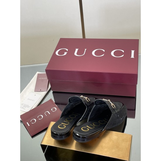 ✌️Gucci✌️Hot-up version is launched in 2025 early autumn new GUCCi high-end boutique semi-slippers 325 Gucci [Paint Leather G G Crystal] mesh diamond luxury crystal Loaf Baotou slippers top purchasing quality!The original version is replicated 1:1, and ev