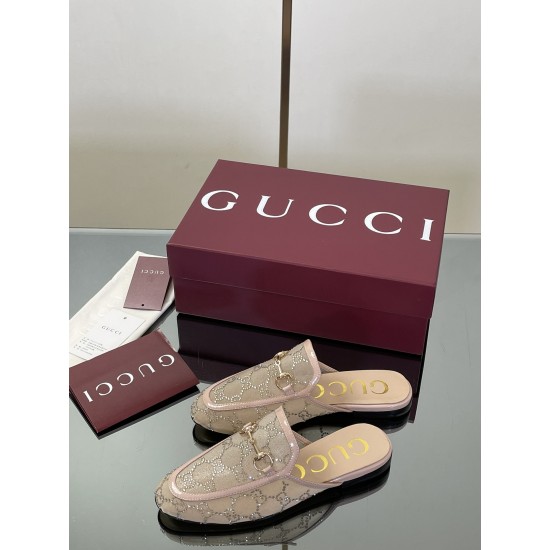 ✌️Gucci✌️Hot-up version is launched in 2025 early autumn new GUCCi high-end boutique semi-slippers 325 Gucci [Paint Leather G G Crystal] mesh diamond luxury crystal Loaf Baotou slippers top purchasing quality!The original version is replicated 1:1, and ev