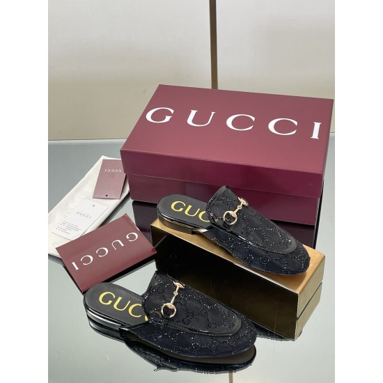 ✌️Gucci✌️Hot-up version is launched in 2025 early autumn new GUCCi high-end boutique semi-slippers 325 Gucci [Paint Leather G G Crystal] mesh diamond luxury crystal Loaf Baotou slippers top purchasing quality!The original version is replicated 1:1, and ev
