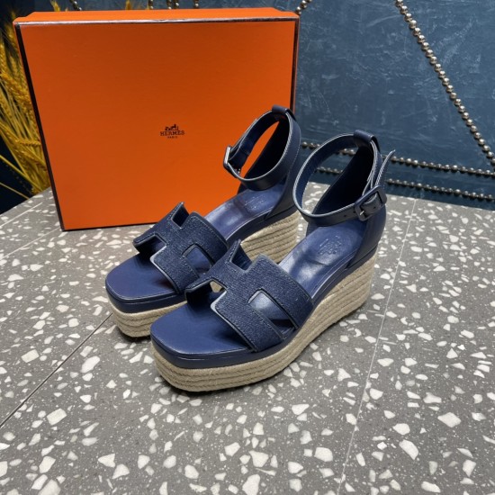Herms/Hermès [Celebration] [Celebration] Heeled rope sandal series ① Fabric: cowhide/special fabric ⑥ Inner footbed: sheepskin ③ Outsole: genuine leather outsole ④ Heel height: front sole 4.5cm thick / heel height 8cm ⑤Size: 35-39 (customized by 40/41/42)