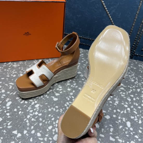 Herms/Hermès [Celebration] [Celebration] Heeled rope sandal series ① Fabric: cowhide/special fabric ⑥ Inner footbed: sheepskin ③ Outsole: genuine leather outsole ④ Heel height: front sole 4.5cm thick / heel height 8cm ⑤Size: 35-39 (customized by 40/41/42)