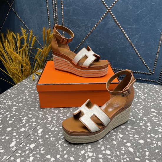 Herms/Hermès [Celebration] [Celebration] Heeled rope sandal series ① Fabric: cowhide/special fabric ⑥ Inner footbed: sheepskin ③ Outsole: genuine leather outsole ④ Heel height: front sole 4.5cm thick / heel height 8cm ⑤Size: 35-39 (customized by 40/41/42)