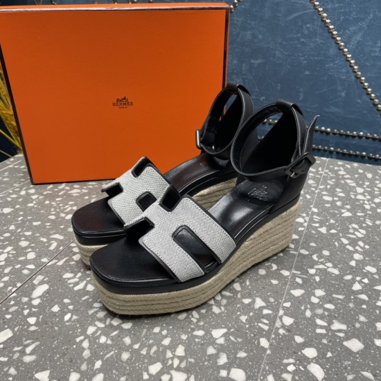 Herms/Hermès [Celebration] [Celebration] Heeled rope sandal series ① Fabric: cowhide/special fabric ⑥ Inner footbed: sheepskin ③ Outsole: genuine leather outsole ④ Heel height: front sole 4.5cm thick / heel height 8cm ⑤Size: 35-39 (customized by 40/41/42)