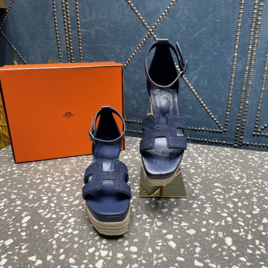 Herms/Hermès [Celebration] [Celebration] Heeled rope sandal series ① Fabric: cowhide/special fabric ⑥ Inner footbed: sheepskin ③ Outsole: genuine leather outsole ④ Heel height: front sole 4.5cm thick / heel height 8cm ⑤Size: 35-39 (customized by 40/41/42)