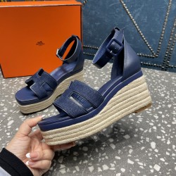 Herms/Hermès [Celebration] [Celebration] Heeled rope sandal series ① Fabric: cowhide/special fabric ⑥ Inner footbed: sheepskin ③ Outsole: genuine leather outsole ④ Heel height: front sole 4.5cm thick / heel height 8cm ⑤Size: 35-39 (customized by 40/41/42)