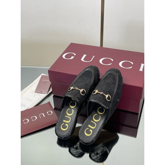 ✌️Gucci✌️Hot-up version is launched in 2025 early autumn new GUCCi high-end boutique semi-slippers 325 Gucci [Paint Leather G G Crystal] mesh diamond luxury crystal Loaf Baotou slippers top purchasing quality!The original version is replicated 1:1, and ev