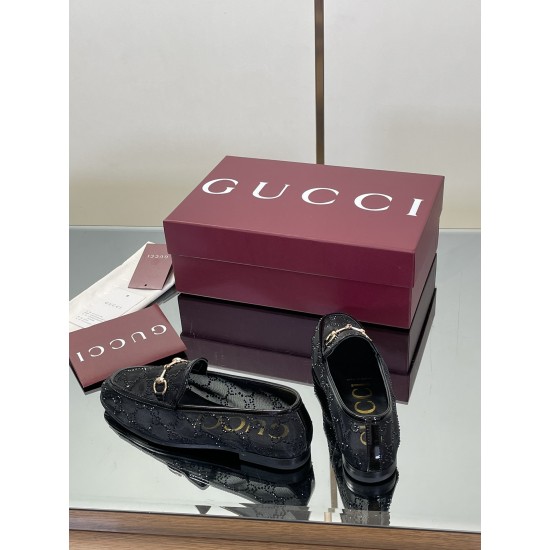 ✌️Gucci✌️Hot-up Gucci✌️New 2025 Early Autumn GUCCi high-end boutique single shoes 340 Gucci [Paint Leather G G Crystal] mesh diamond luxury crystal loafers top purchasing quality!The original version is replicated 1:1, and every detail has been carefully 