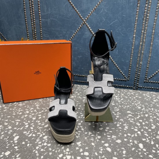 Herms/Hermès [Celebration] [Celebration] Heeled rope sandal series ① Fabric: cowhide/special fabric ⑥ Inner footbed: sheepskin ③ Outsole: genuine leather outsole ④ Heel height: front sole 4.5cm thick / heel height 8cm ⑤Size: 35-39 (customized by 40/41/42)